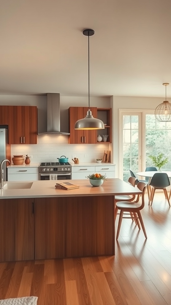 A mid-century modern kitchen featuring an open floor plan with a central island, warm wood cabinetry, and large windows.