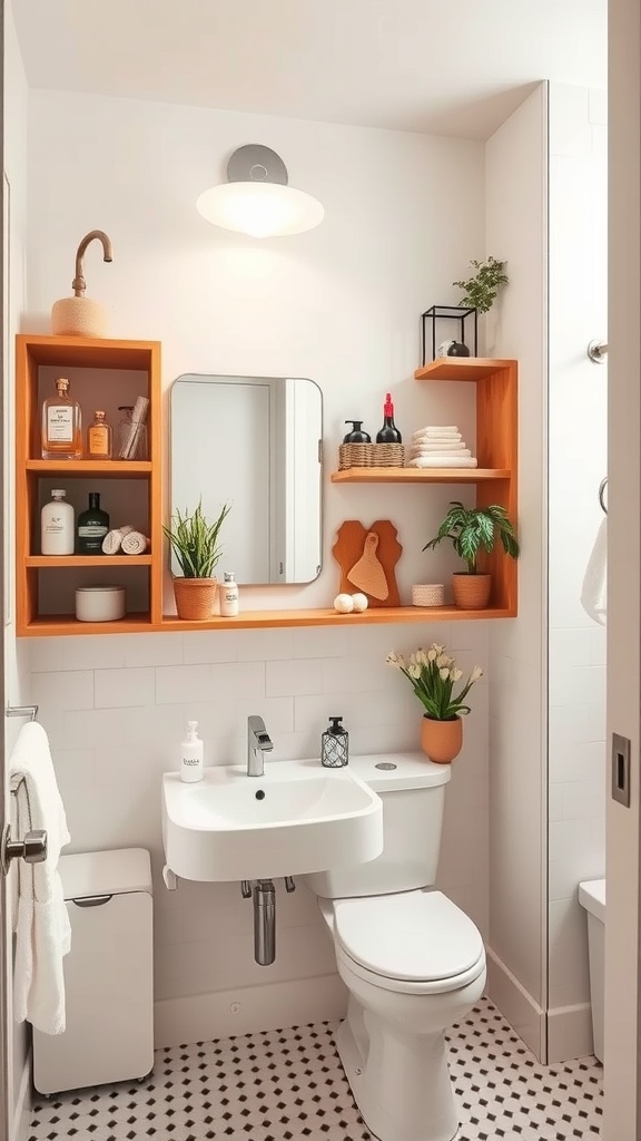 A modern bathroom with open wooden shelving displaying toiletries and plants.