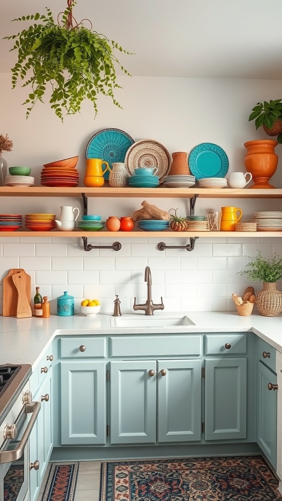 A cozy kitchen with open shelving displaying colorful dishware, including plates and bowls in various vibrant colors, complemented by plants and decorative items.