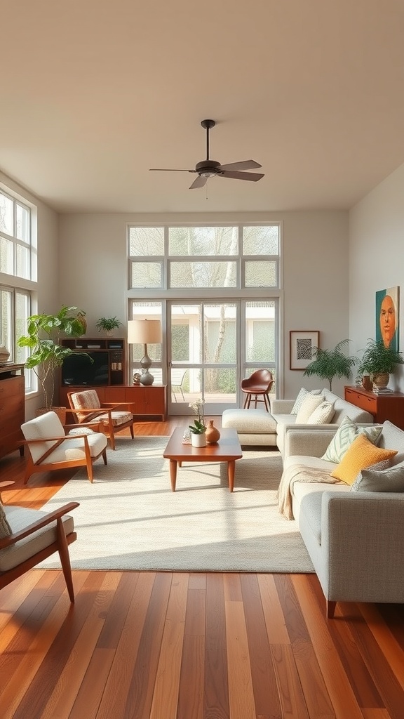 A mid-century modern living room with large windows, wooden flooring, and stylish furniture.