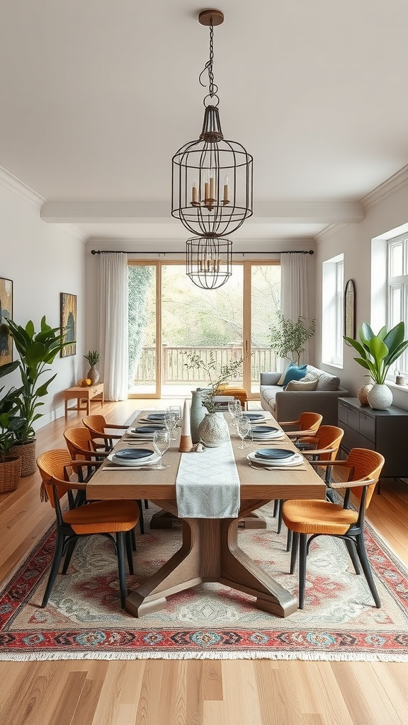 A bright and inviting boho dining room with a large wooden table, colorful chairs, and large windows.
