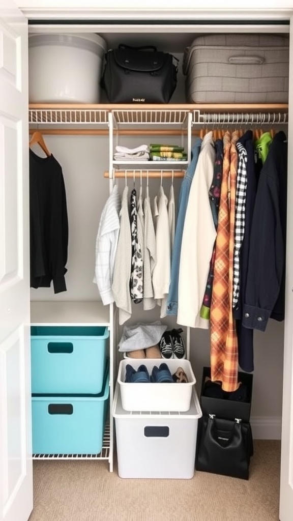 A well-organized closet with hanging clothes and stacked storage bins.