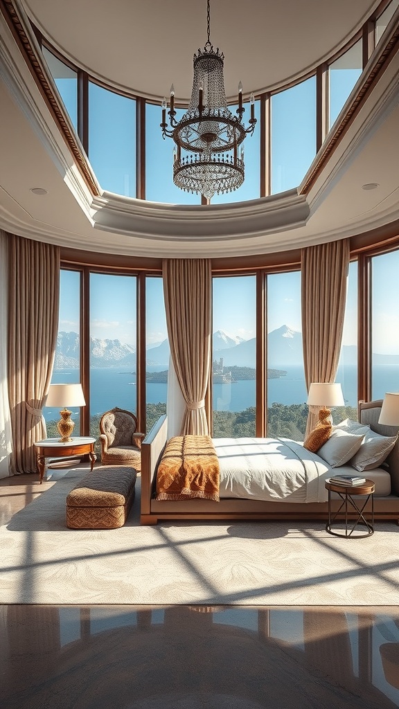 A luxurious master suite with large windows offering mountain and water views, featuring elegant decor and a chandelier.