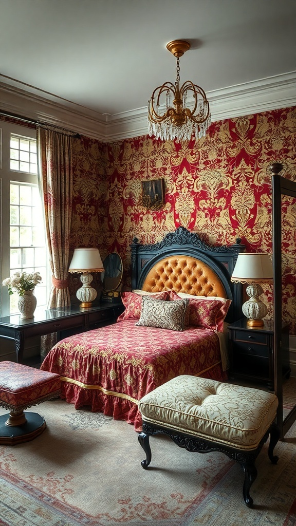 A luxurious bedroom featuring rich red wallpaper, a tufted bed, and elegant furnishings, embodying Art Deco style.