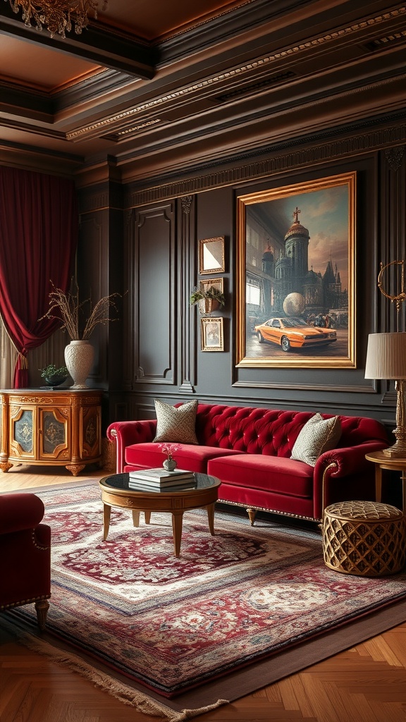 A luxurious living room featuring a red velvet sofa, ornate decor, and a striking painting.