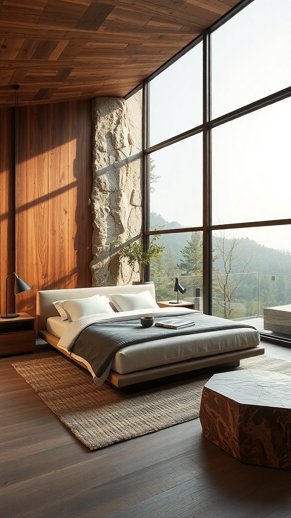 A modern luxury bedroom featuring wooden walls, large windows, and natural elements.