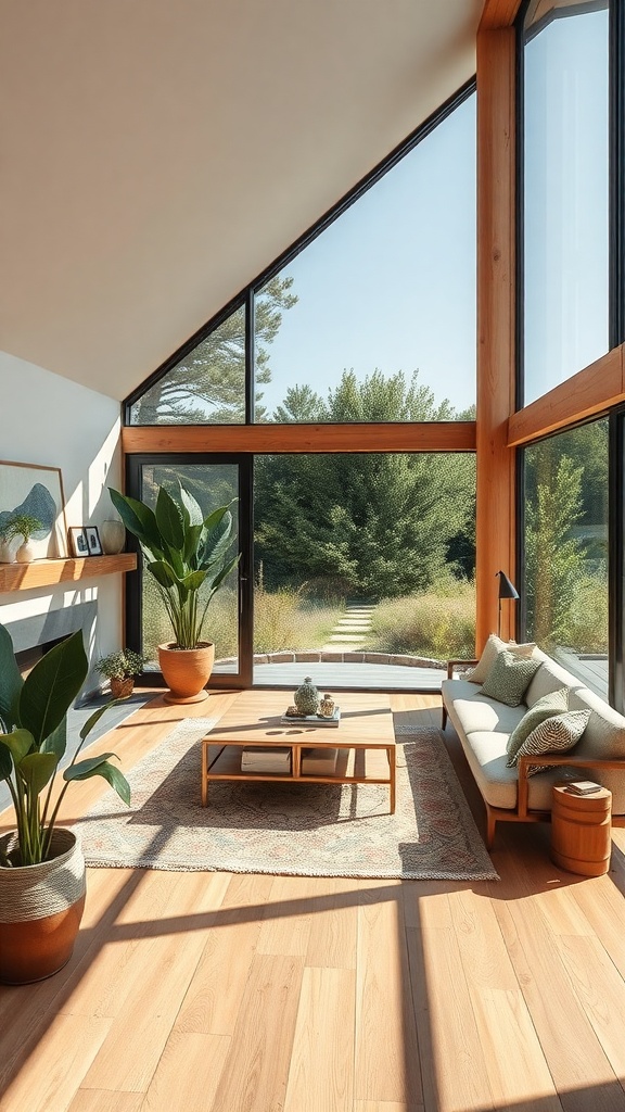 A bright and airy living room with large windows showcasing nature views, featuring wooden beams, a cozy sofa, and potted plants.