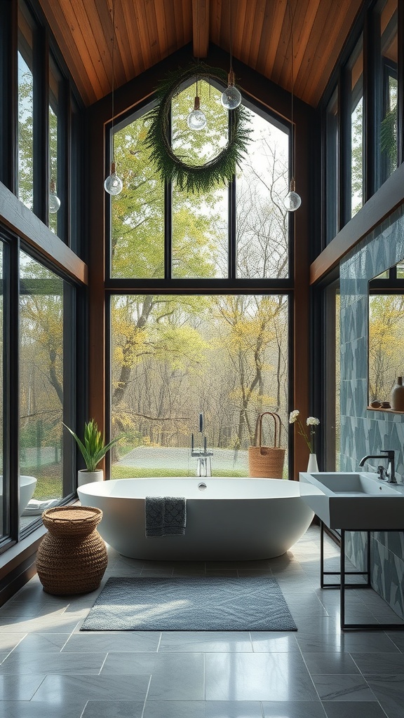 A modern bathroom with large windows, a freestanding tub, and natural decor elements.