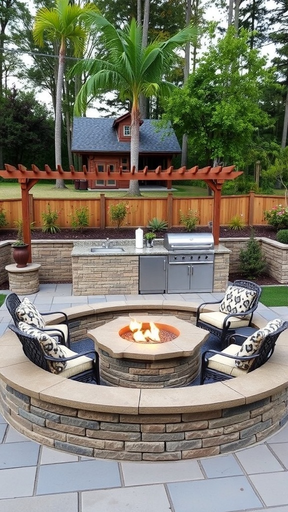 Outdoor kitchen featuring built-in seating around a fire pit.