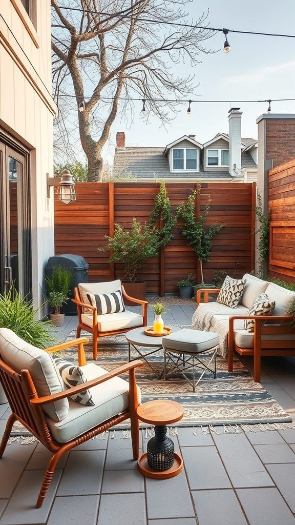 A cozy outdoor lounge with seating, plants, and string lights.