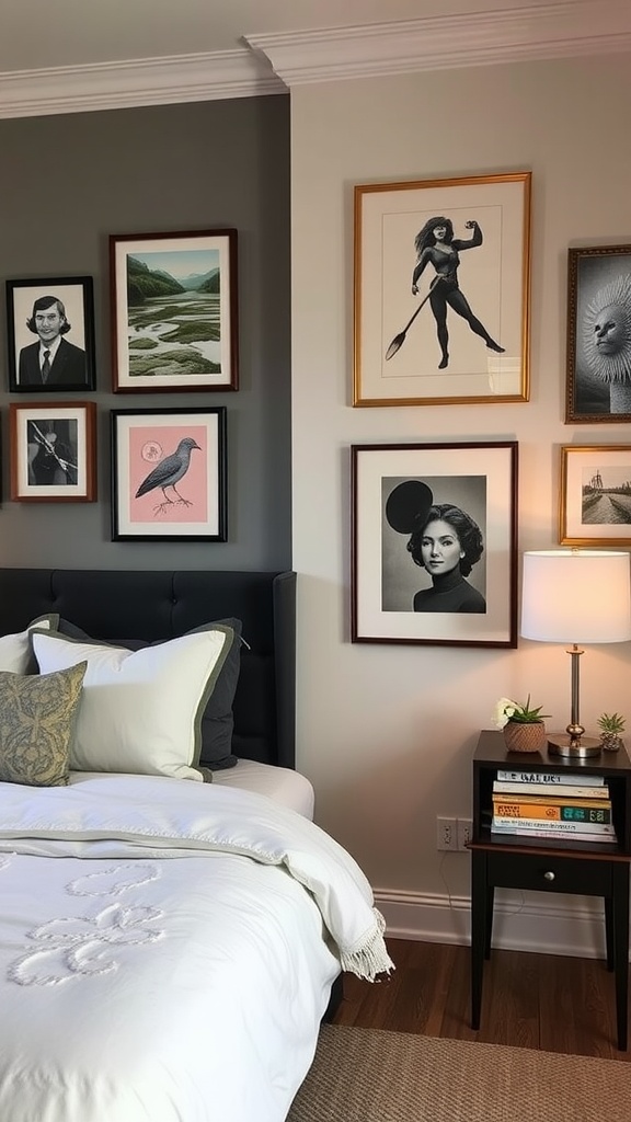 A guest bedroom featuring a variety of framed artworks on the wall, including portraits and landscapes, with a cozy bed and nightstand.