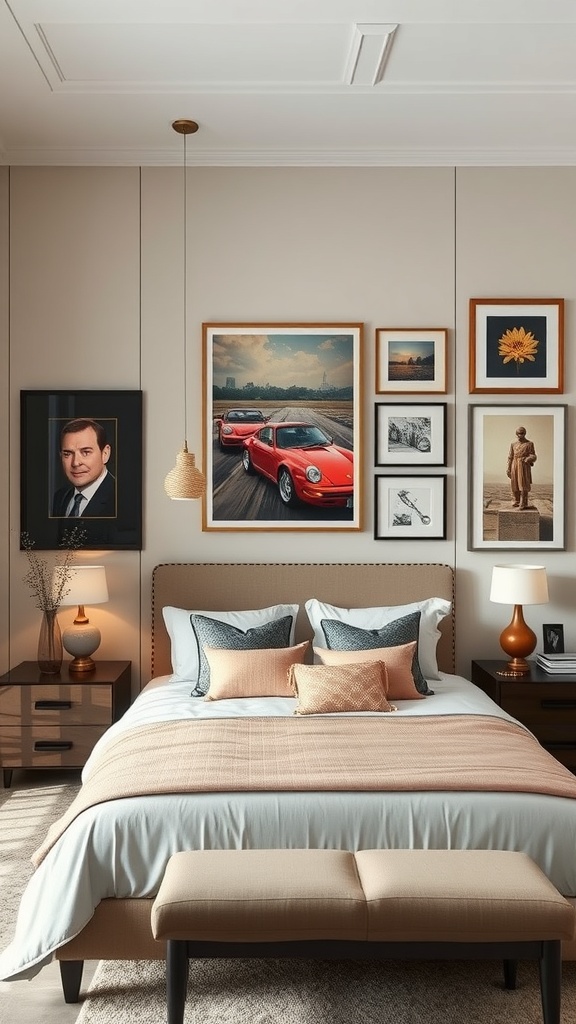 A modern luxury bedroom featuring a variety of framed art pieces on the wall, including photographs and paintings, alongside a stylish bed and bedside tables.