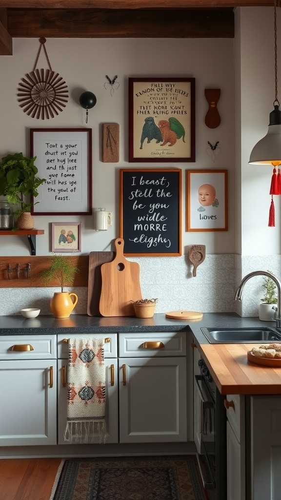 A boho kitchen featuring personalized artwork and wall decor, including framed quotes and vintage illustrations.