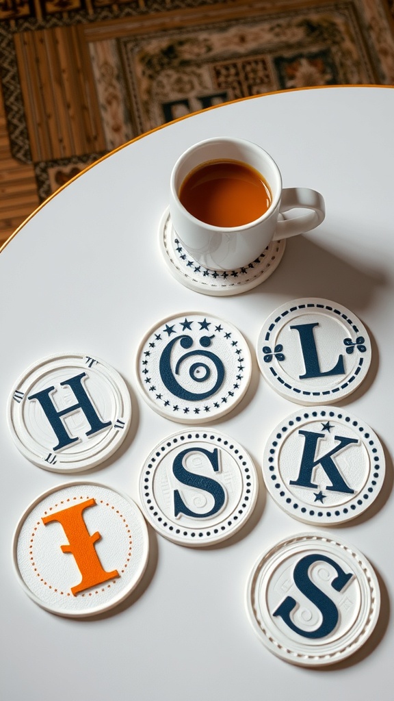 A set of personalized coasters with letters on a table next to a cup of tea.
