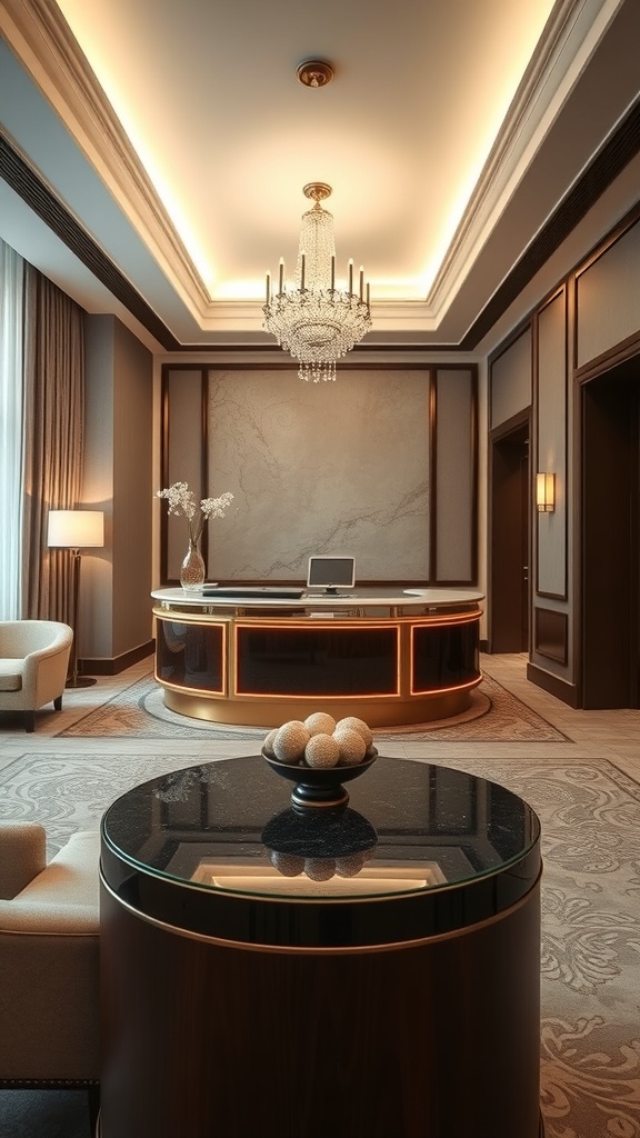 A luxurious reception area with a chandelier and modern furnishings.