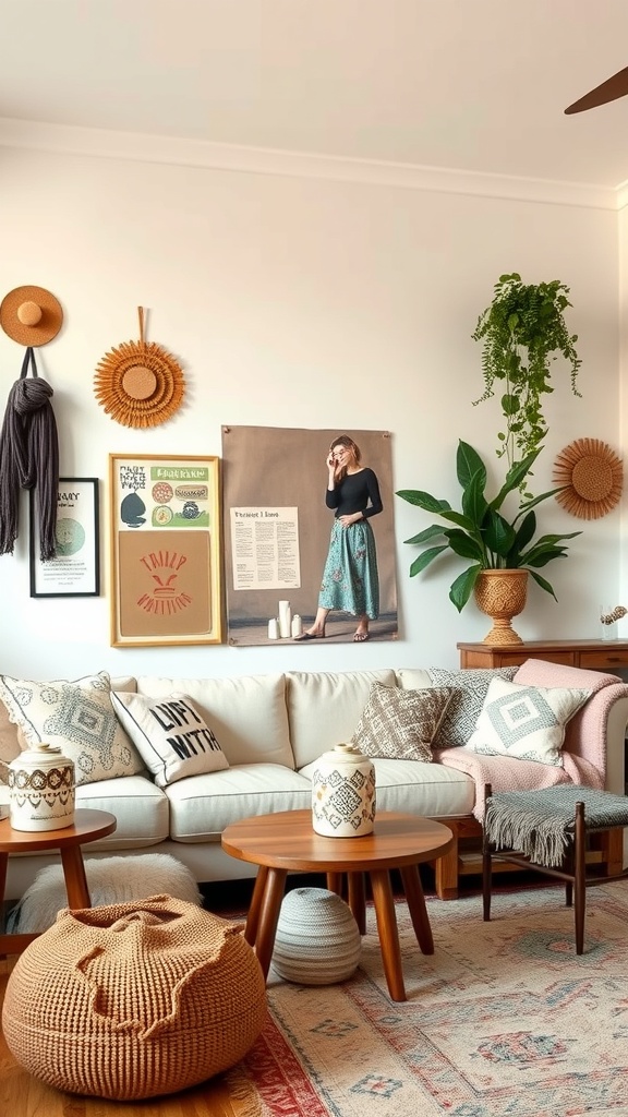 A cozy boho-inspired living room with personalized decor items, including wall art, plants, and textured cushions.