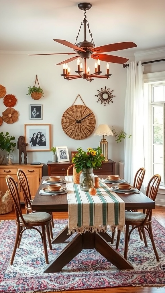 A boho dining room featuring a wooden table with a striped runner, surrounded by chairs, and decorated with plants and wall art.