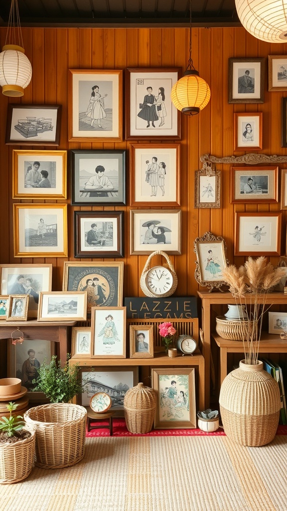A cozy room with a wall of framed artwork and photographs, wooden shelves, and hanging lanterns.