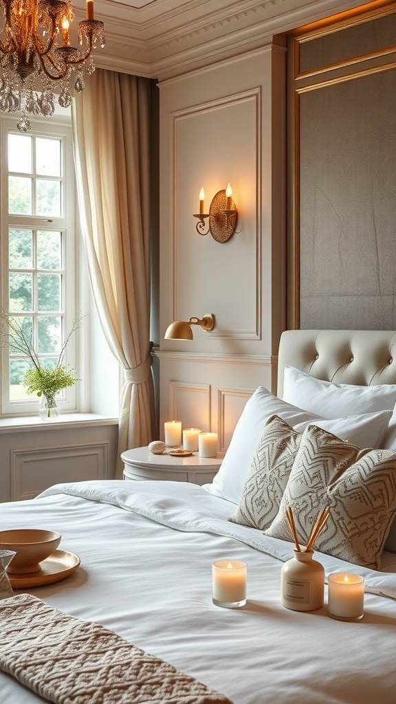 A collection of scented candles on a bedside table in a modern luxury bedroom.