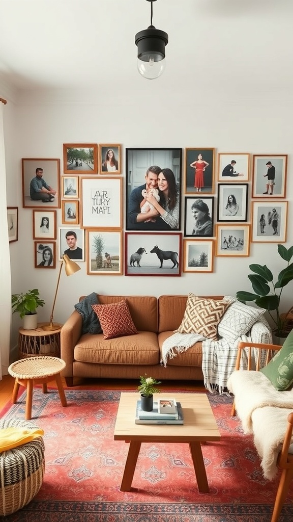 A cozy living room featuring a personalized gallery wall with framed photos and art, complemented by warm textiles and plants.