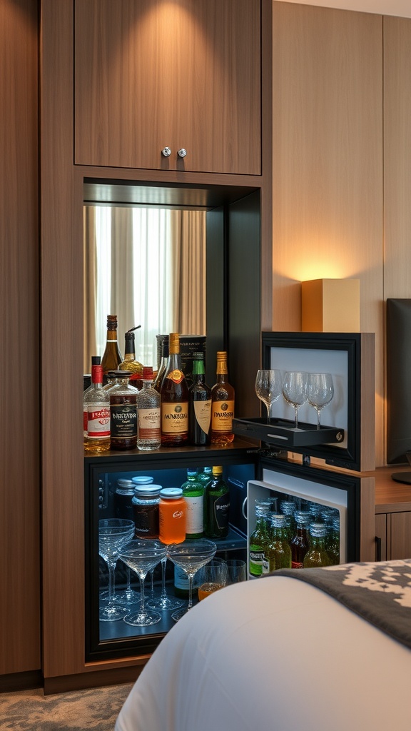 A stylish mini bar in a luxury hotel room featuring various bottles of spirits and mixers, along with elegant glassware.
