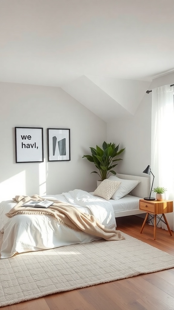 A minimalist bedroom with a bed, plant, and framed artwork on the wall.