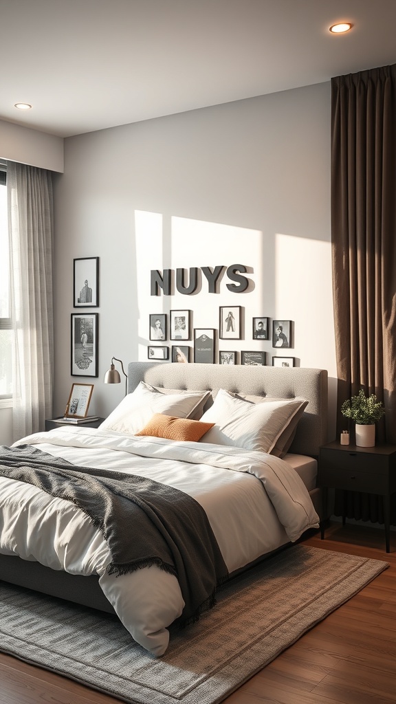 A modern luxury bedroom featuring personalized photo displays on the wall.