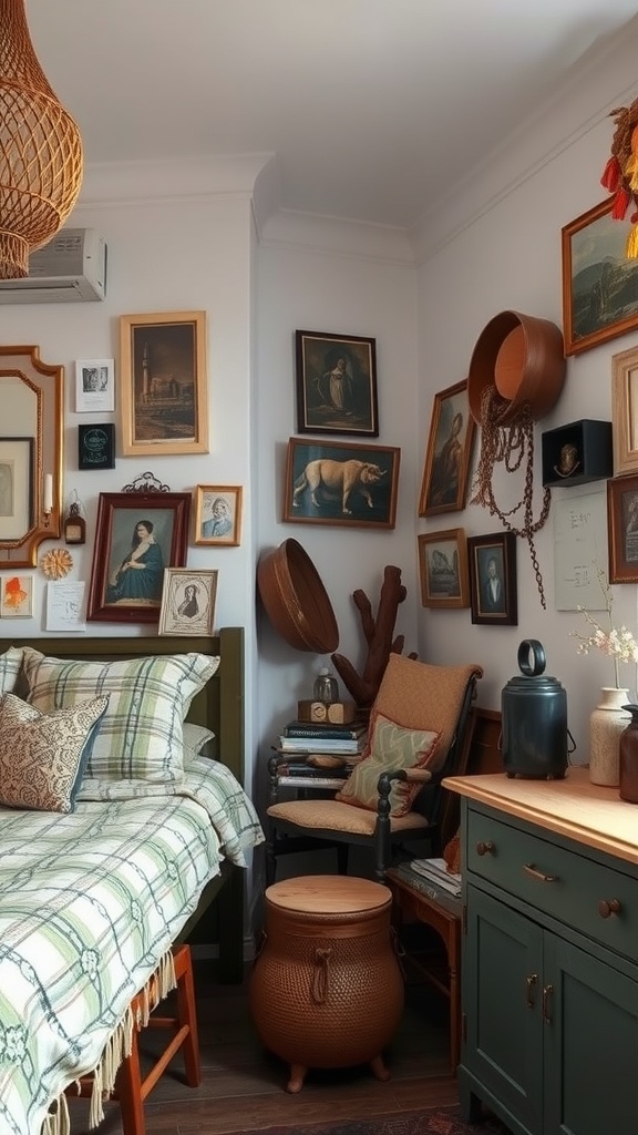 A cozy boho bedroom with framed art on the walls, a plaid blanket on the bed, and a reading nook with a chair and side table.