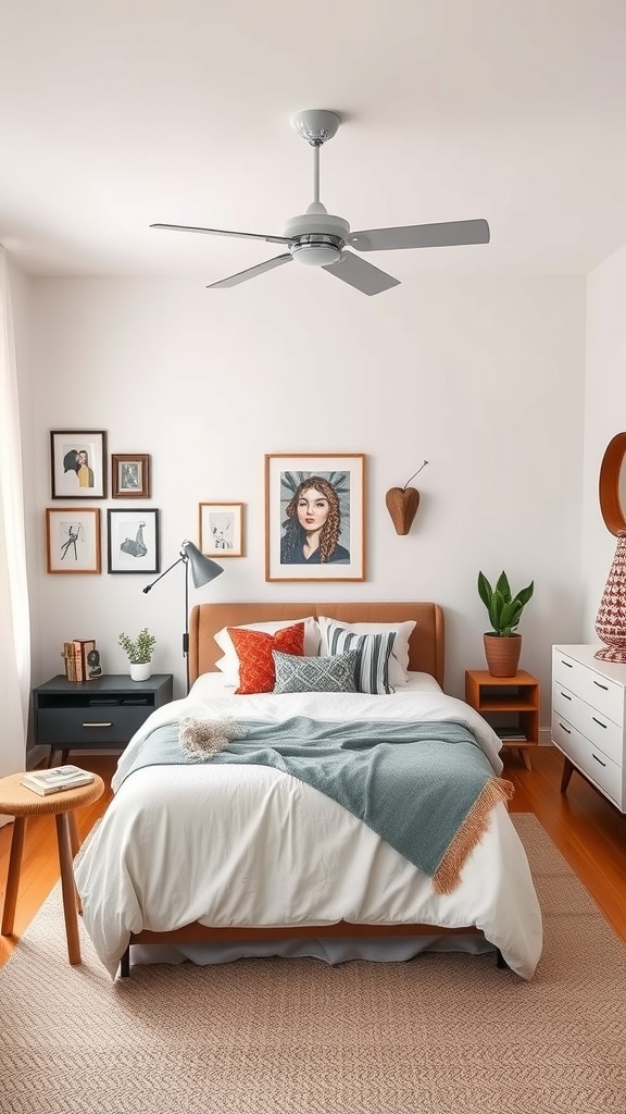 A cozy mid-century modern bedroom with unique accessories and personal touches.
