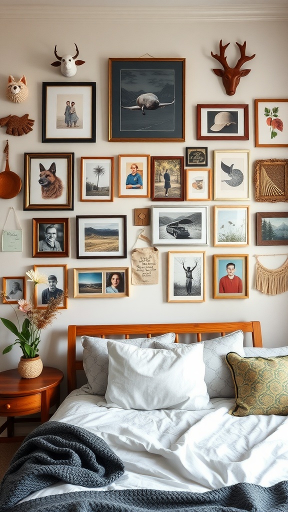 A cozy bedroom with a personalized wall art display featuring various framed artworks and photographs.