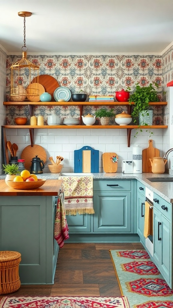 A boho kitchen featuring colorful dishes, patterned wallpaper, and vibrant textiles.