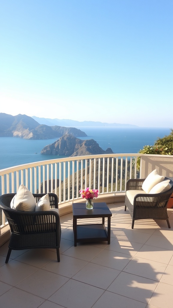 A private balcony with two chairs, a small table, and a scenic view of mountains and the sea.