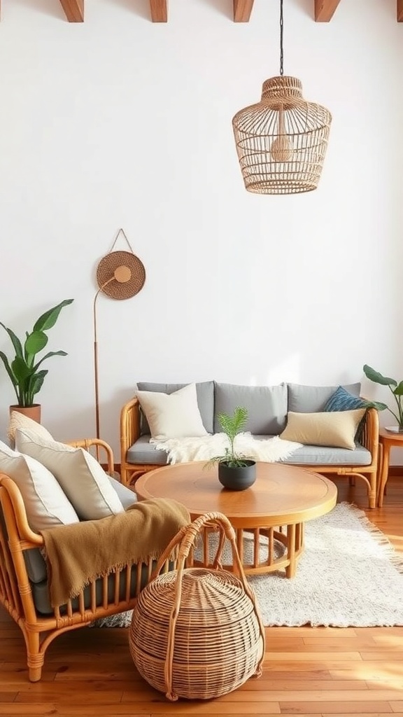 A cozy living room featuring rattan furniture, a round coffee table, and a woven light fixture.