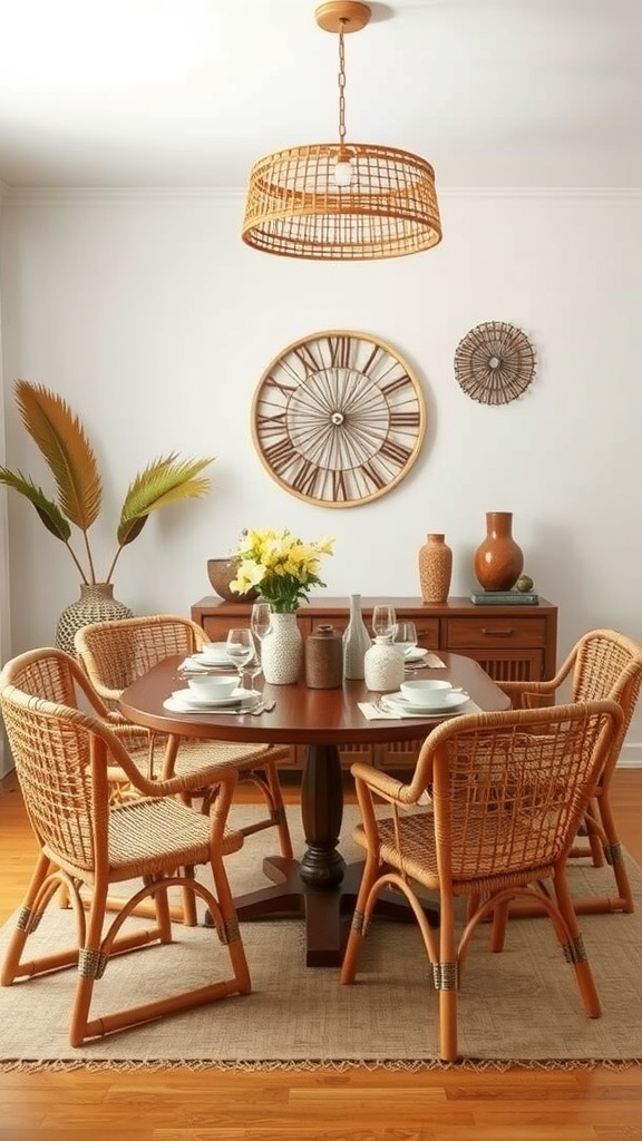A cozy dining room featuring rattan chairs around a wooden table, with decorative vases and wall art.