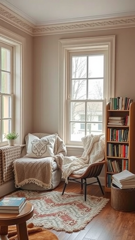 Cozy reading nook by the window with a chair, blankets, and a small bookshelf