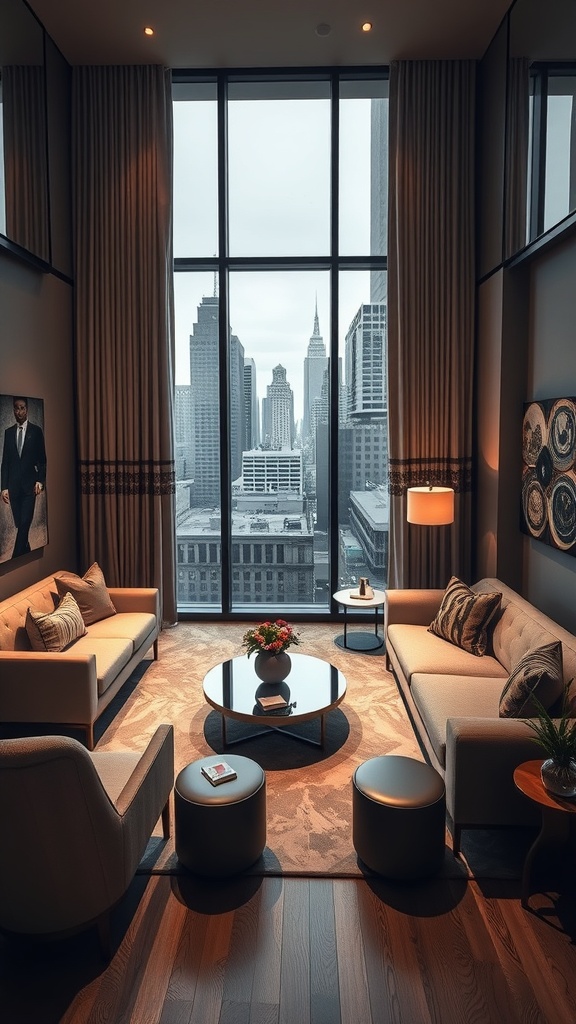 A luxurious living room with large windows showcasing a city skyline, featuring modern furniture and a cozy atmosphere.