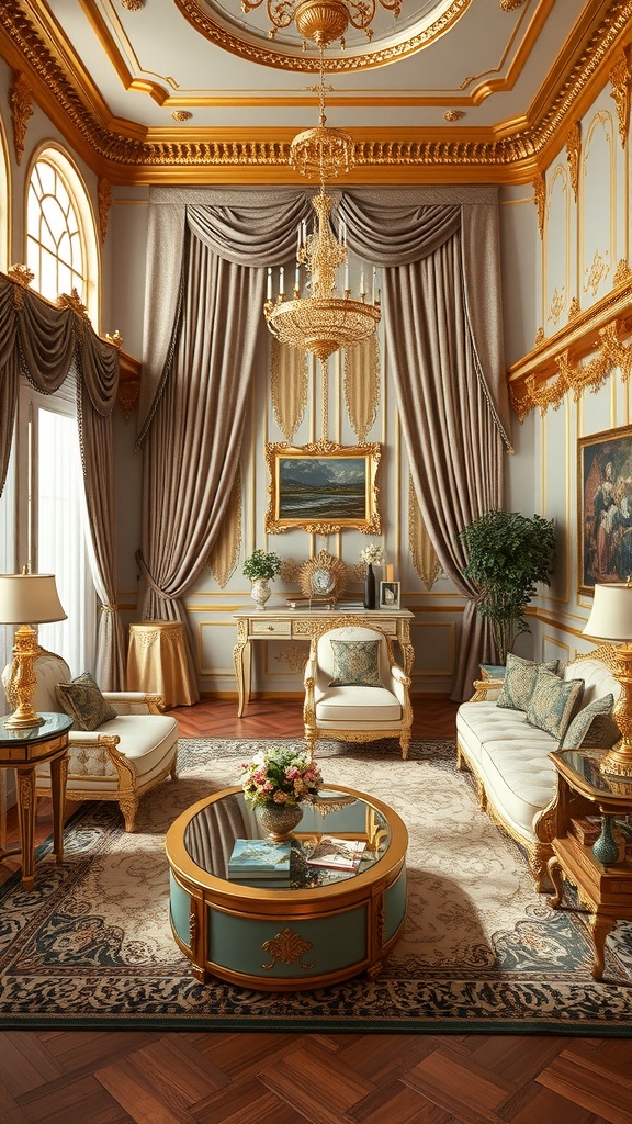 A luxurious living room featuring gold accents, elegant drapes, and ornate furniture.