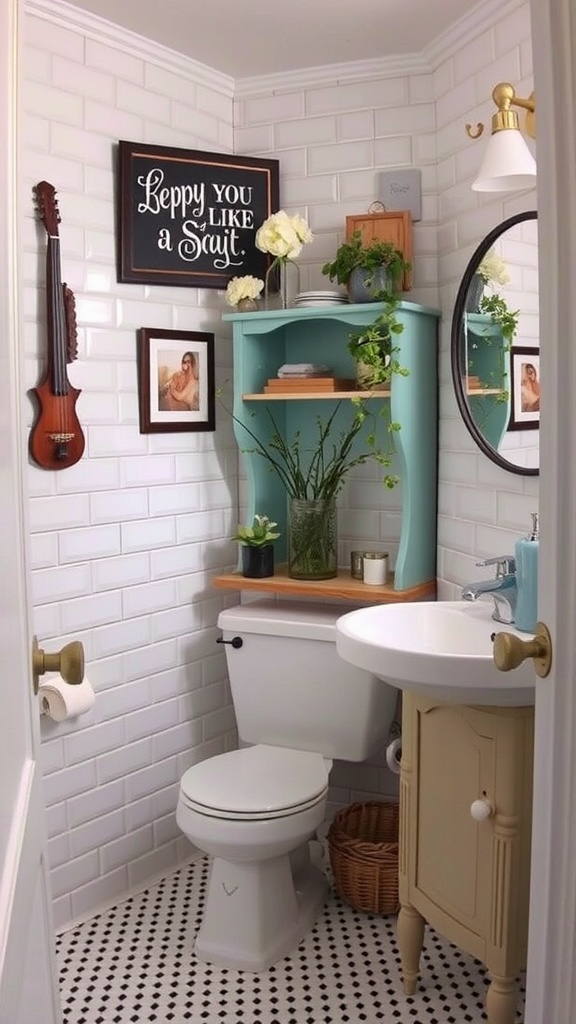 A cozy bathroom featuring repurposed teal shelf and vintage cabinet, decorated with plants and art.