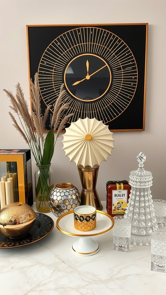 A stylish arrangement of retro accessories including a clock, lamp, and decorative items on a marble surface.