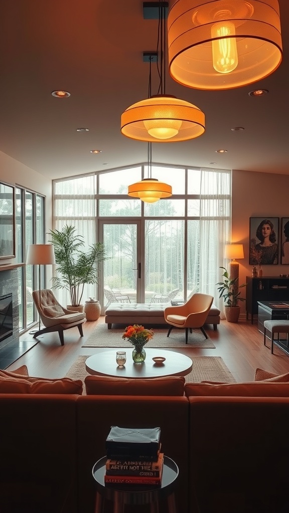 Mid-century modern living room with retro pendant lighting fixtures