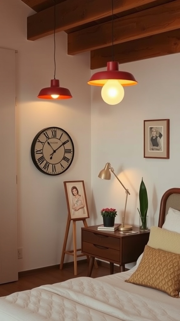 A cozy mid-century modern bedroom featuring retro lighting fixtures, a clock, and stylish decor.