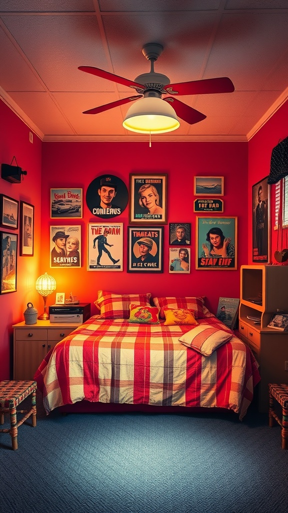 A retro pop culture themed bedroom with bright red walls, vintage posters, and a plaid bedspread.