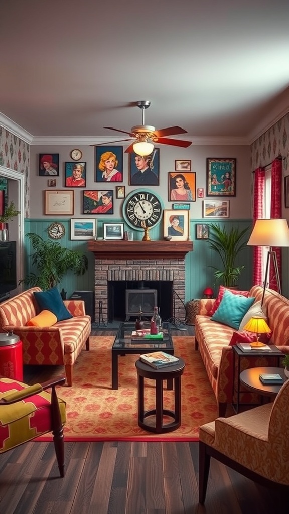 A cozy retro living room featuring striped sofas, vintage portraits, and bold patterns.