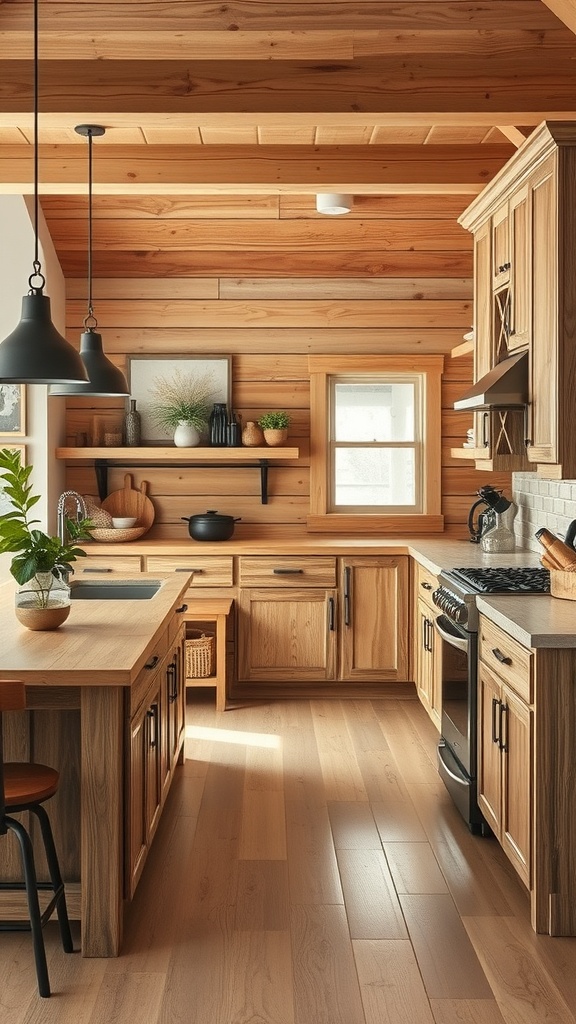 A rustic kitchen with wooden cabinetry, open shelving, and modern appliances.