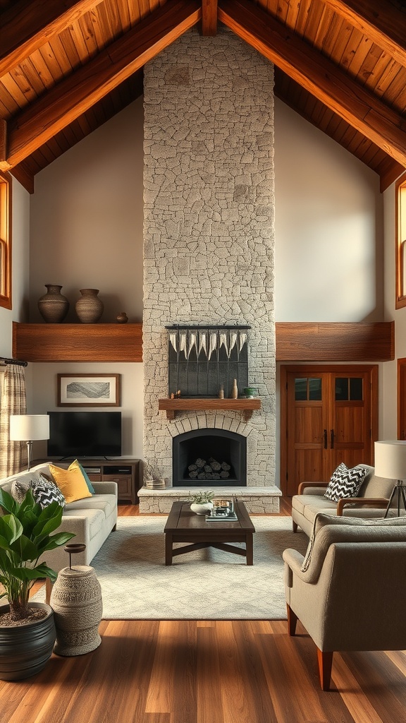 A cozy living room featuring a stone fireplace, wooden ceiling, and modern furniture.