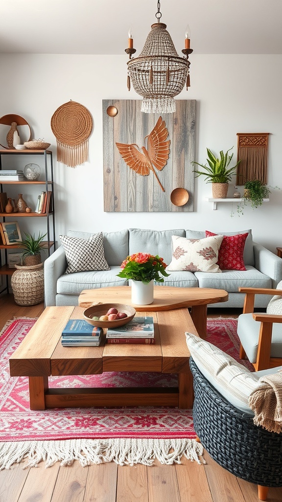 A cozy living room featuring a rustic wooden coffee table, comfortable seating, and boho decor elements.