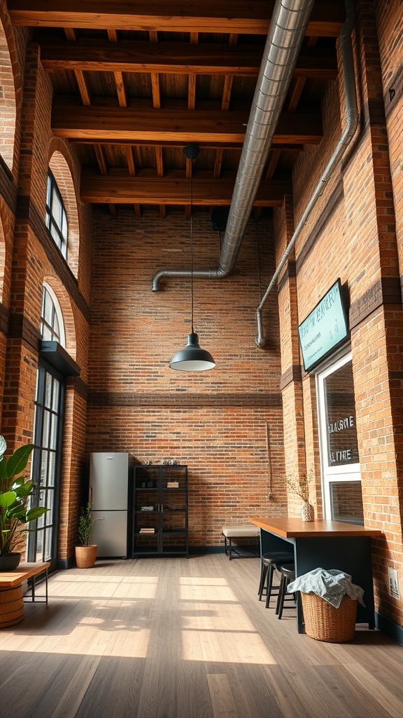 A spacious urban interior featuring exposed brick walls, wooden beams, and rustic furniture.