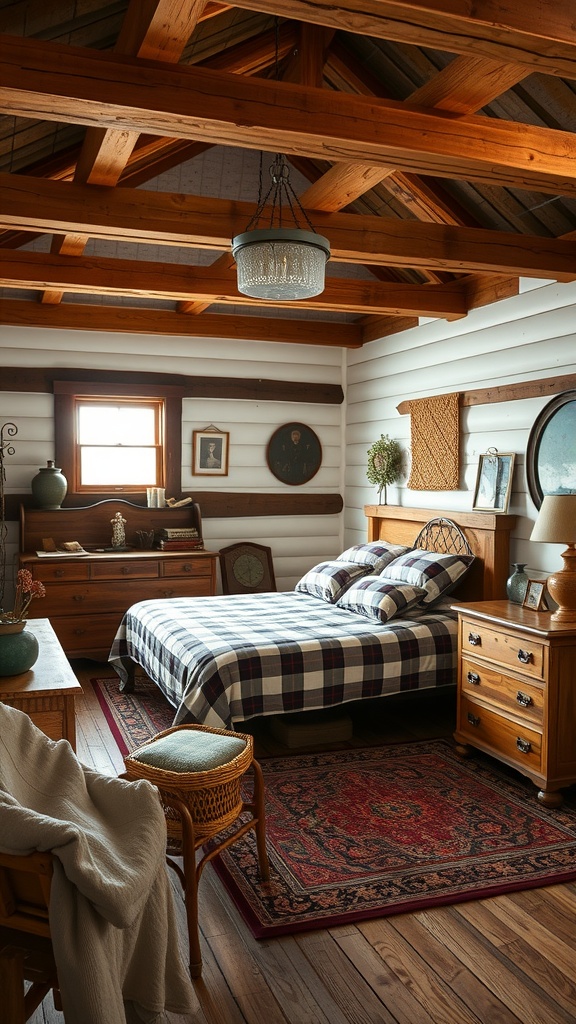 A rustic farmhouse bedroom featuring wooden beams, vintage decor, and a plaid blanket.
