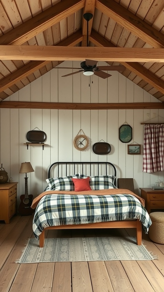 A rustic farmhouse bedroom with wooden beams, plaid bedding, and warm lighting.
