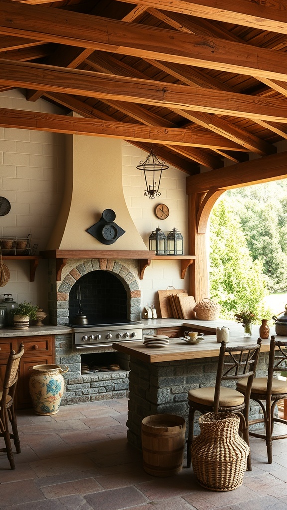 A rustic outdoor kitchen featuring wooden beams, stone accents, and a cozy cooking area.